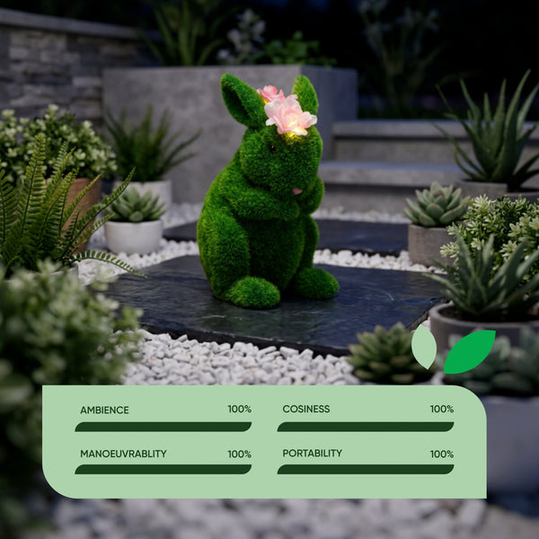 Solar Topiary Bunny Garden Ornament with Pink Flowers