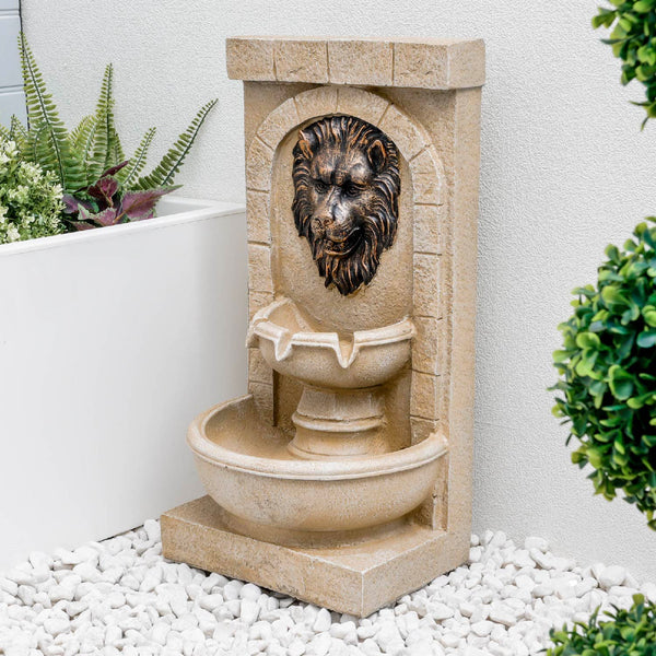 Solar Powered Lion Head Wall Fountain with Battery Backup