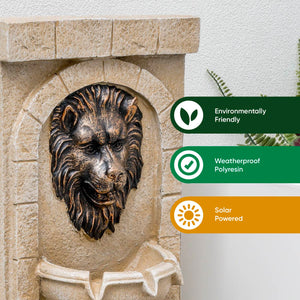 Solar Powered Lion Head Wall Fountain with Battery Backup