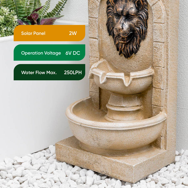 Solar Powered Lion Head Wall Fountain with Battery Backup