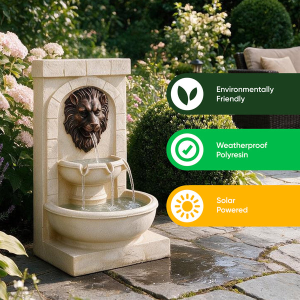 Lion Head Solar Wall Fountain with Battery Backup