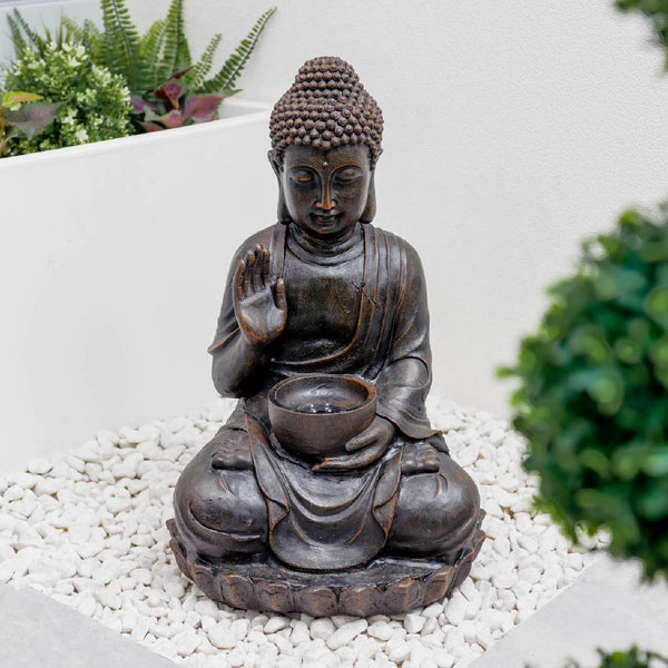 Solar Powered Meditating Buddha with Bowl Water Feature with LED Light & Battery Backup