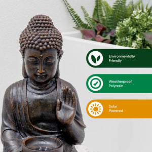 Solar Powered Meditating Buddha with Bowl Water Feature with LED Light & Battery Backup