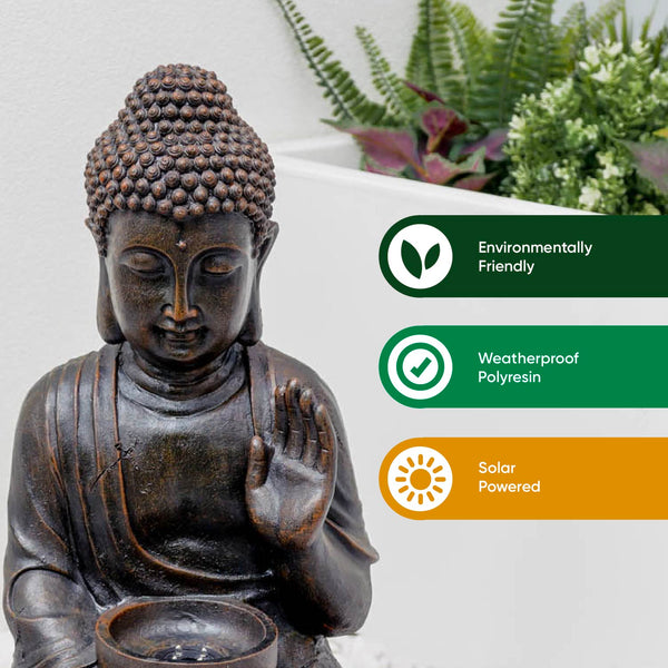 Solar Powered Meditating Buddha with Bowl Water Feature with LED Light & Battery Backup