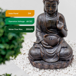 Solar Powered Meditating Buddha with Bowl Water Feature with LED Light & Battery Backup