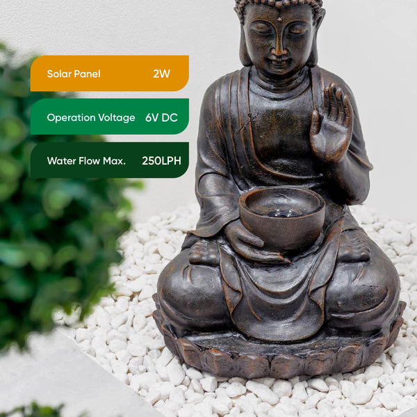 Solar Powered Meditating Buddha with Bowl Water Feature with LED Light & Battery Backup