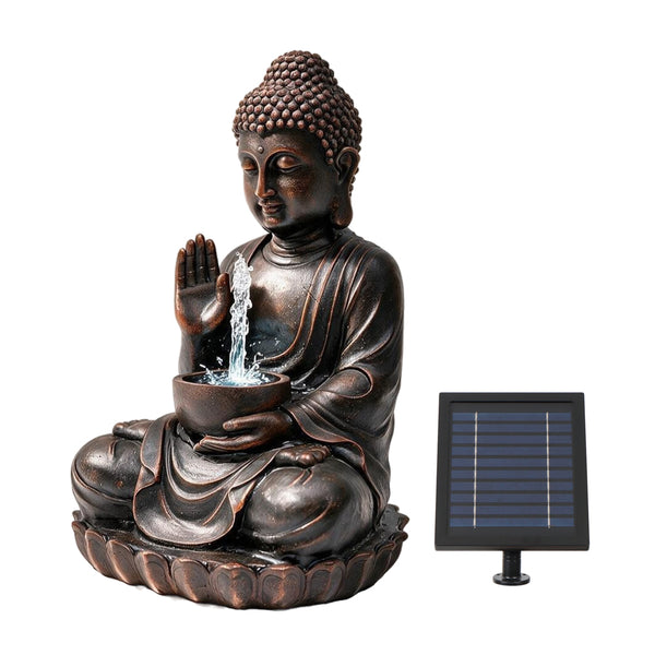 Solar Powered Meditating Buddha with Bowl Water Feature, LED Light & Battery Backup