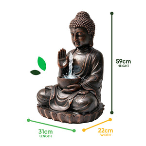 Solar Powered Meditating Buddha with Bowl Water Feature, LED Light & Battery Backup