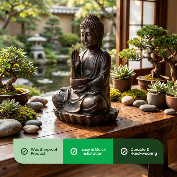 Solar Powered Meditating Buddha with Bowl Water Feature, LED Light & Battery Backup