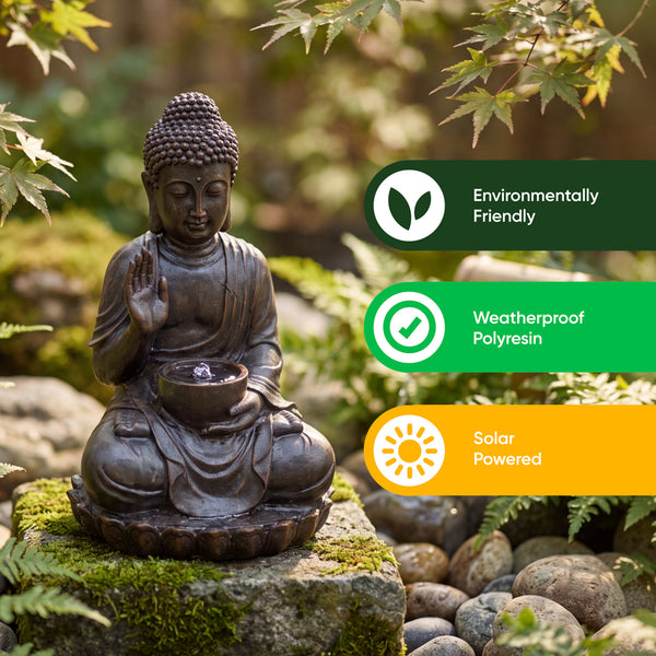 Solar Powered Meditating Buddha with Bowl Water Feature, LED Light & Battery Backup