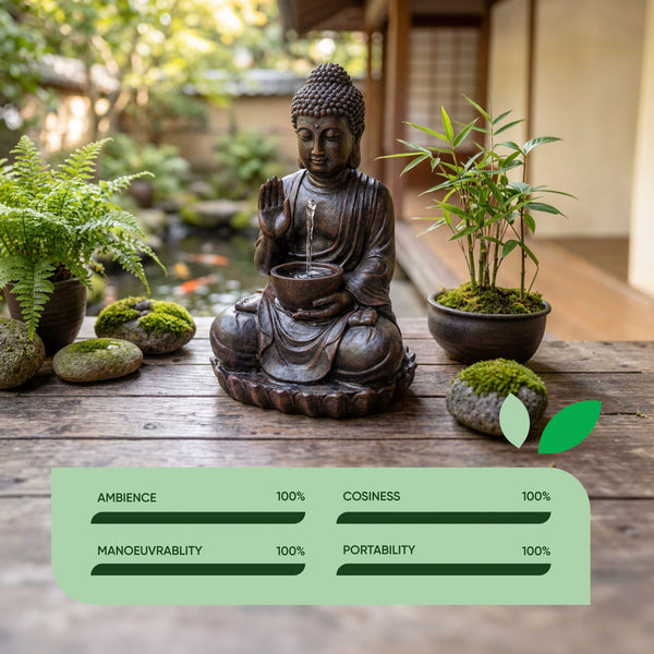 Solar Powered Meditating Buddha with Bowl Water Feature, LED Light & Battery Backup