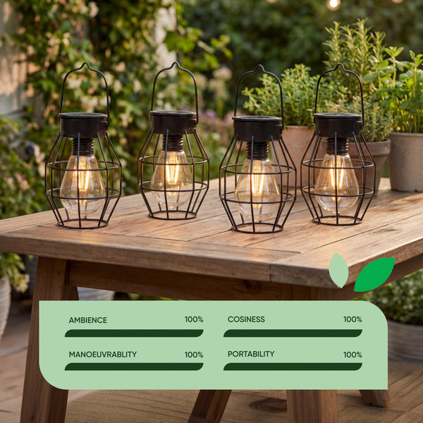 Pack of 4 Timeless Caged Mini Solar Lanterns Vintage Hanging LED Lights