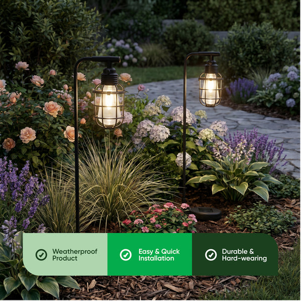Pack of 2 Timeless Lantern Solar Stake Lights Vintage Caged LED Pathway Lights
