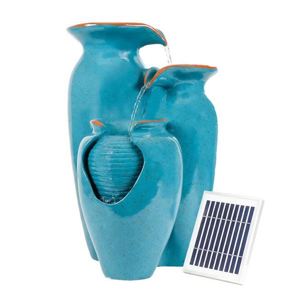 Solar Powered Azure Grecian Pots Water Feature with Battery Backup