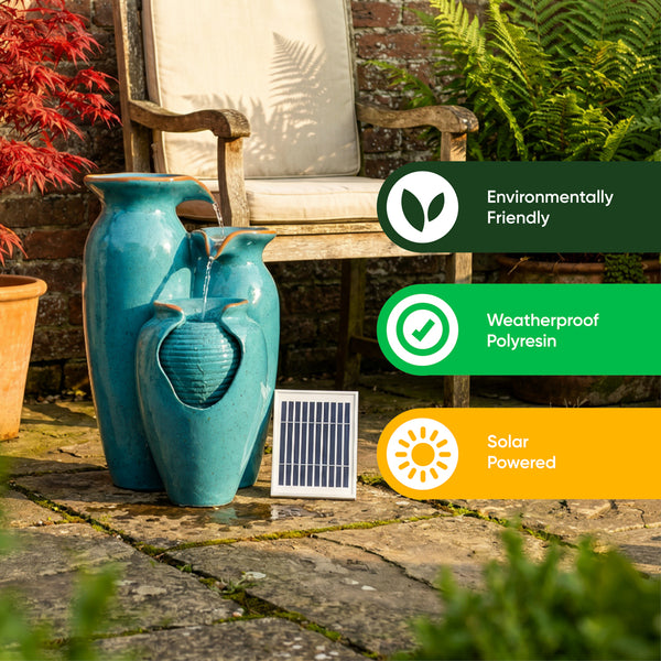 Solar Powered Azure Grecian Pots Water Feature with Battery Backup