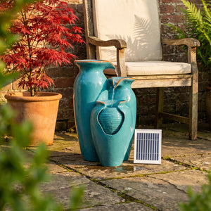 Solar Powered Azure Grecian Pots Water Feature with Battery Backup