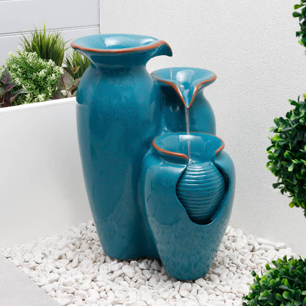 Solar Powered Azure Grecian Pots Water Feature with Battery Backup