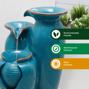 Solar Powered Azure Grecian Pots Water Feature with Battery Backup
