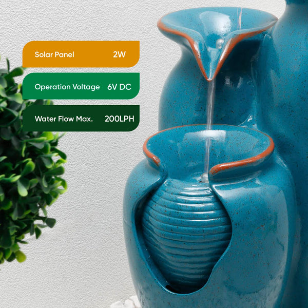 Solar Powered Azure Grecian Pots Water Feature with Battery Backup