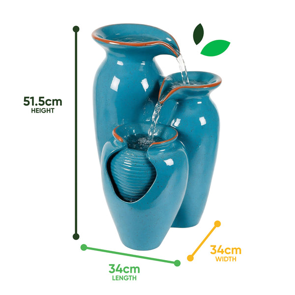 Solar Powered Azure Grecian Pots Water Feature with Battery Backup
