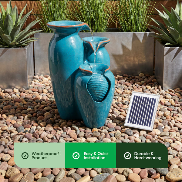 Solar Powered Azure Grecian Pots Water Feature with Battery Backup