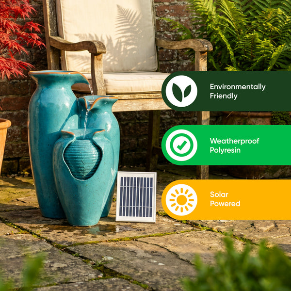 Solar Powered Azure Grecian Pots Water Feature with Battery Backup