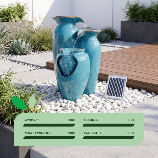 Solar Powered Azure Grecian Pots Water Feature with Battery Backup