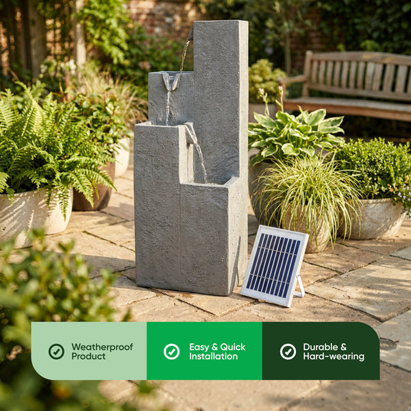 Solar Powered Cubic Falls Water Feature with Battery Backup & LED Lights