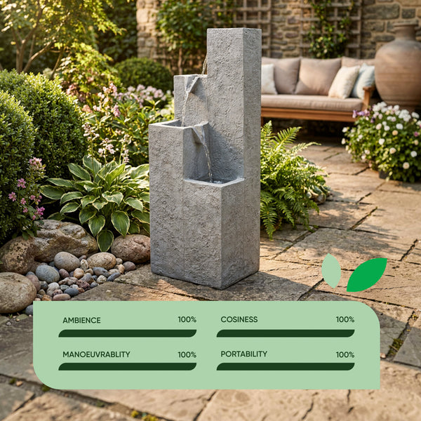 Solar Powered Cubic Falls Water Feature with Battery Backup & LED Lights