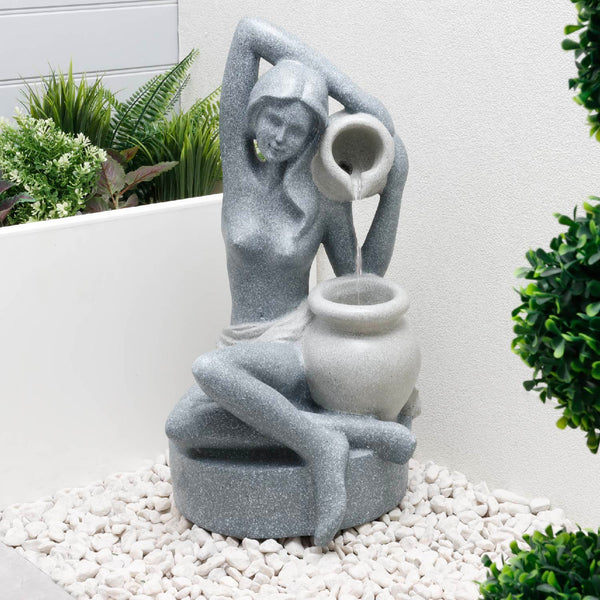 Solar Powered Bathing Lady Water Feature with Battery Backup
