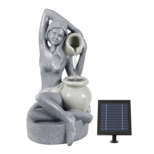 Solar Powered Bathing Lady Water Feature with LED Lights and Battery Backup