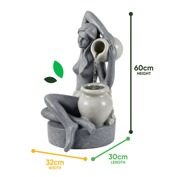Solar Powered Bathing Lady Water Feature with LED Lights and Battery Backup