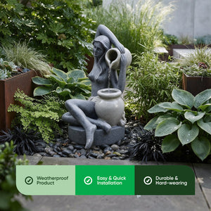 Solar Powered Bathing Lady Water Feature with LED Lights and Battery Backup