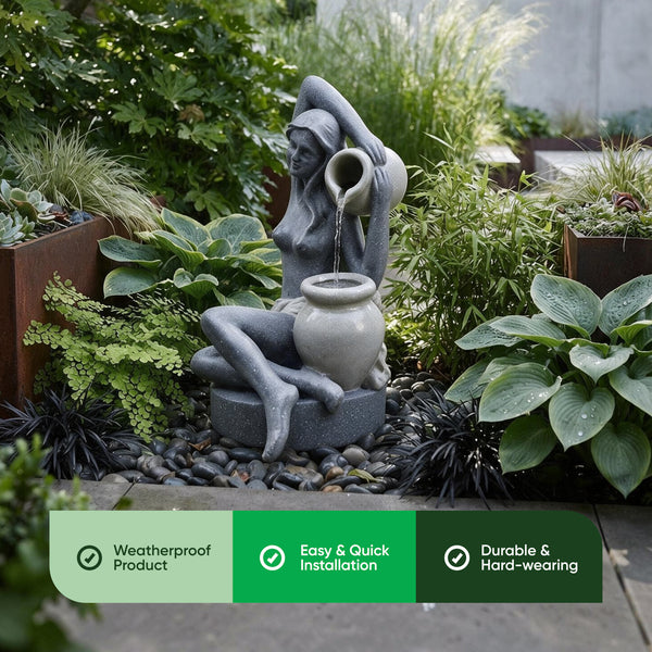 Solar Powered Bathing Lady Water Feature with LED Lights and Battery Backup