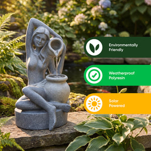 Solar Powered Bathing Lady Water Feature with LED Lights and Battery Backup