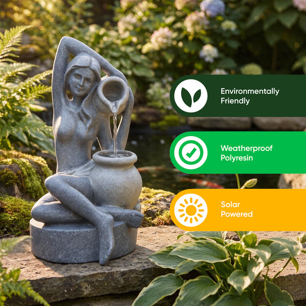 Solar Powered Bathing Lady Water Feature with LED Lights and Battery Backup