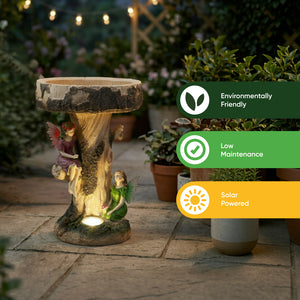 Solar Bird Bath – Fairy Garden Ornament with LED Light & Battery Backup