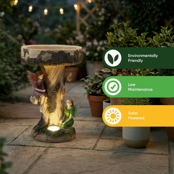 Solar Bird Bath – Fairy Garden Ornament with LED Light & Battery Backup