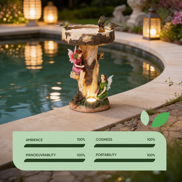 Solar Bird Bath – Fairy Garden Ornament with LED Light & Battery Backup