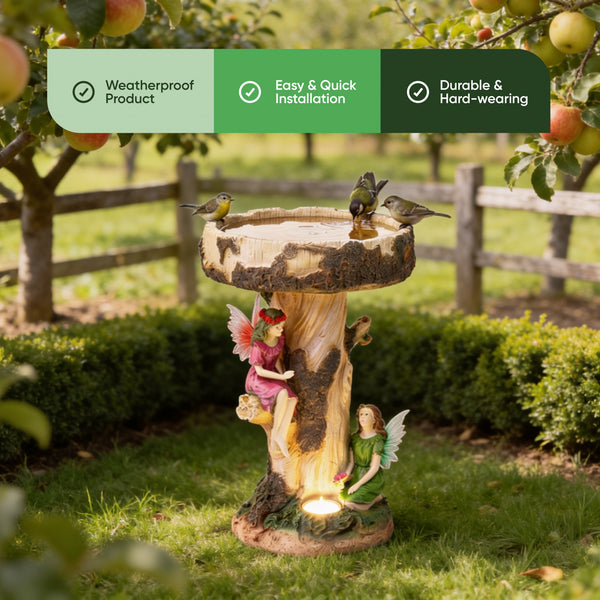 Solar Bird Bath – Fairy Garden Ornament with LED Light & Battery Backup
