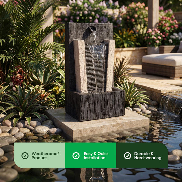 Solar Powered Stone Column Water Feature with Battery Backup & LED Light