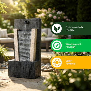 Solar Powered Stone Column Water Feature with Battery Backup & LED Light