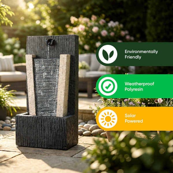 Solar Powered Stone Column Water Feature with Battery Backup & LED Light