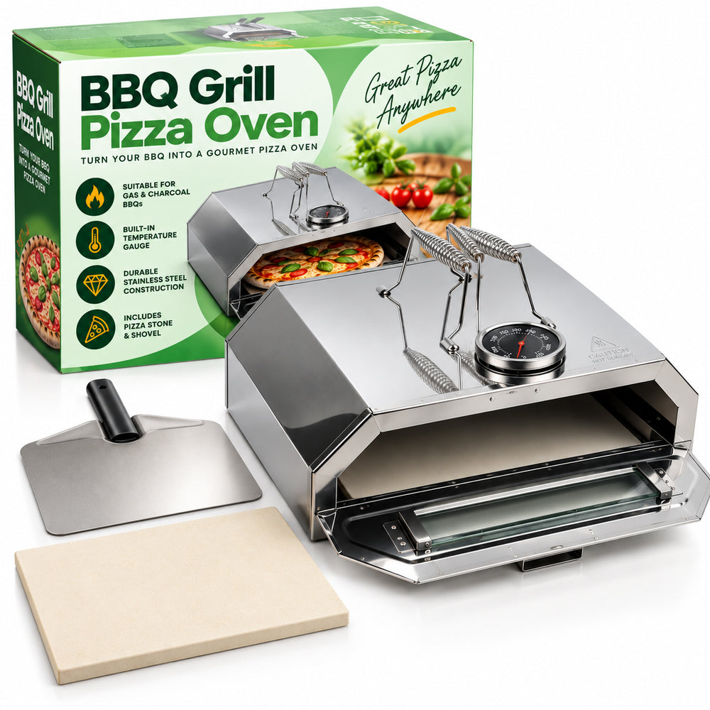 BBQ Pizza Oven Attachment with Pizza Stone & Thermometer | Grill Top Pizza Maker