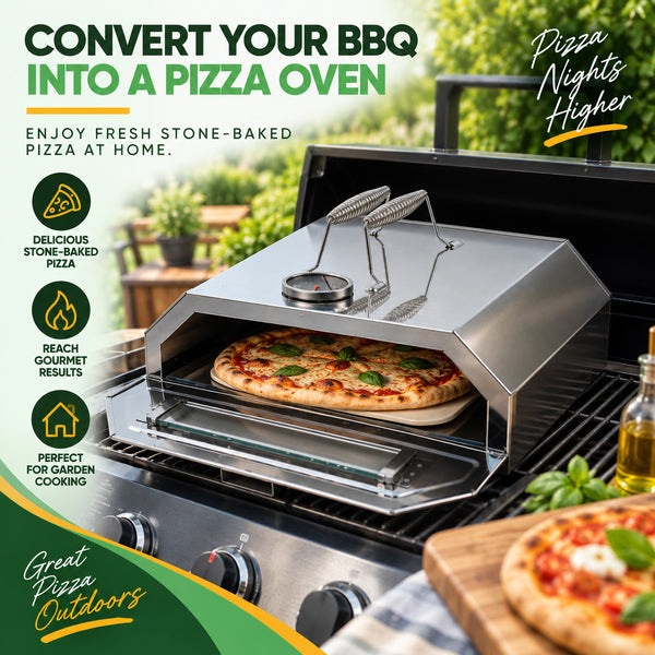 BBQ Pizza Oven Attachment with Pizza Stone & Thermometer | Grill Top Pizza Maker