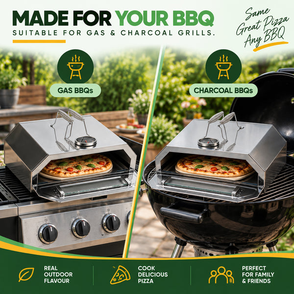 BBQ Pizza Oven Attachment with Pizza Stone & Thermometer | Grill Top Pizza Maker