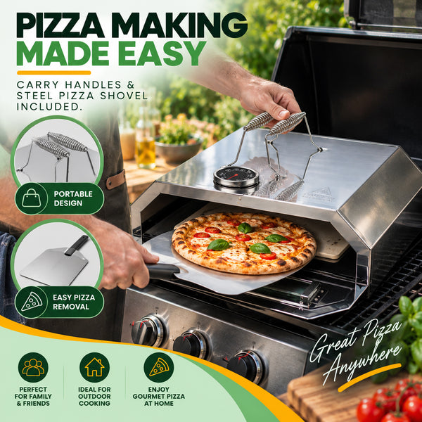 BBQ Pizza Oven Attachment with Pizza Stone & Thermometer | Grill Top Pizza Maker