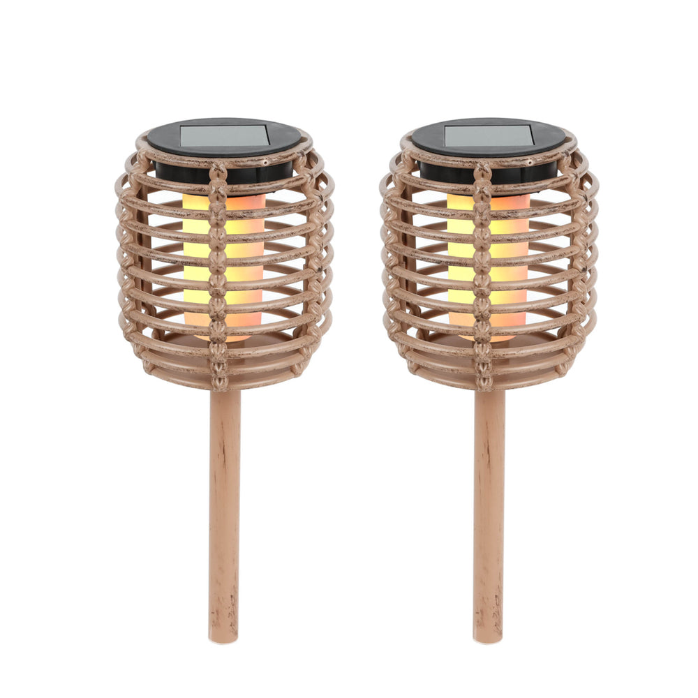Pack of 2 Solar Rattan Effect Stake Lights – Warm White LED Flame Effect