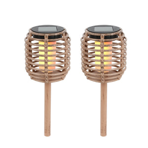 Pack of 2 Solar Rattan Effect Stake Lights – Warm White LED Flame Effect
