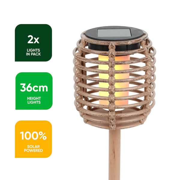 Pack of 2 Solar Rattan Effect Stake Lights – Warm White LED Flame Effect